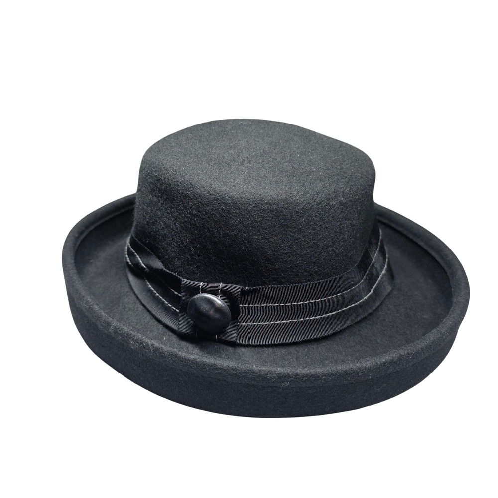 Adora Black Wool Felt Bolero Hat Grosgrain Ribbon Button Boater O/S Mens Womens